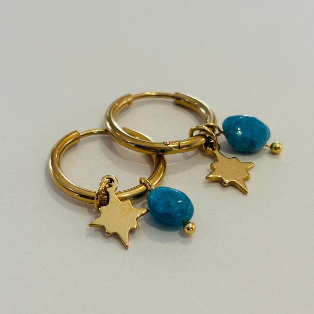 Gold hoop earrings with turquoise beads and star charms