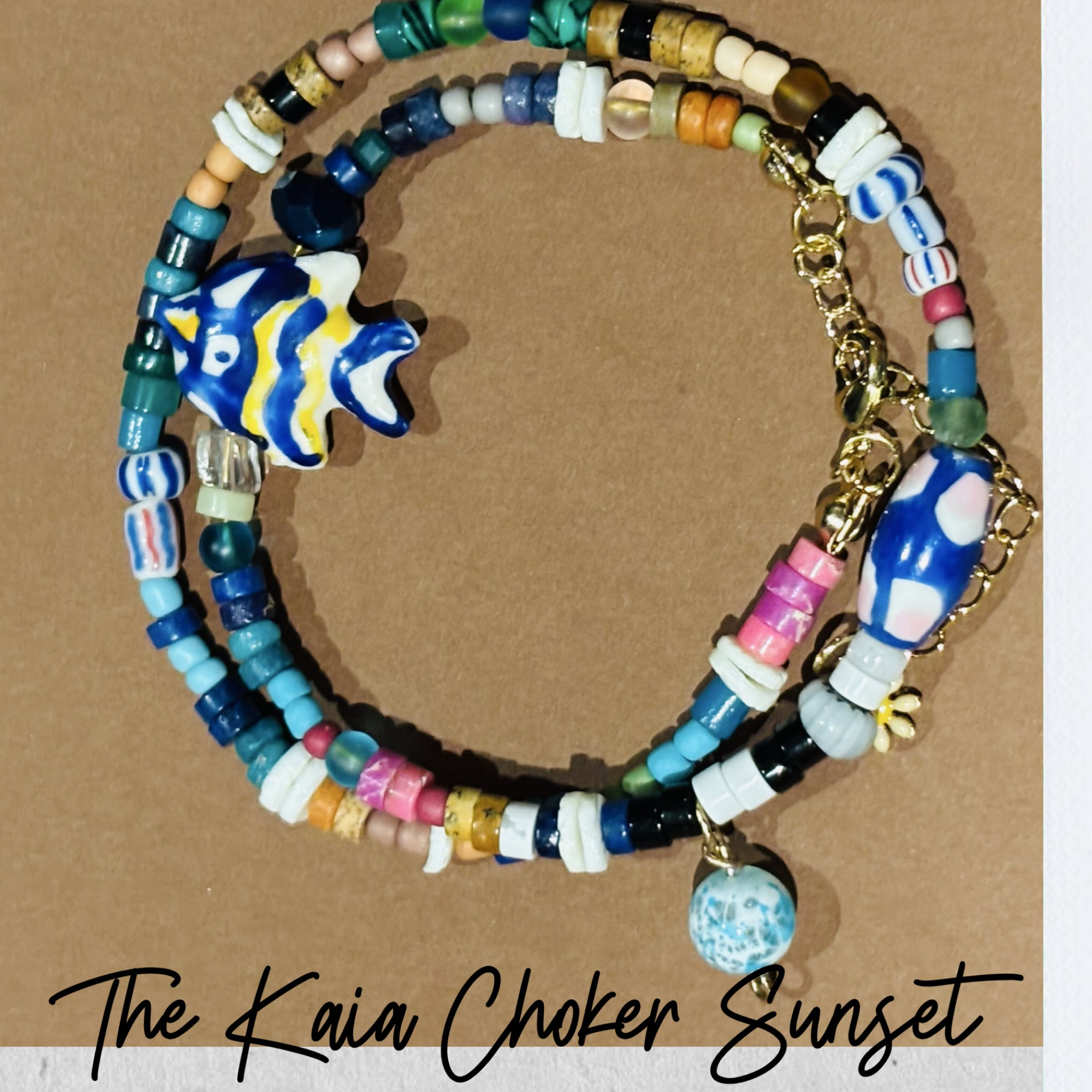 Colorful beaded choker with fish charms