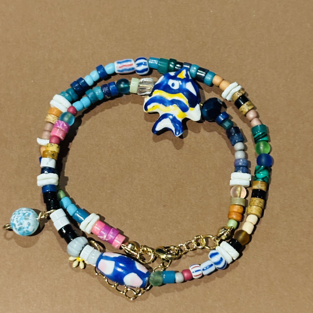 Colorful beaded choker with fish charms 