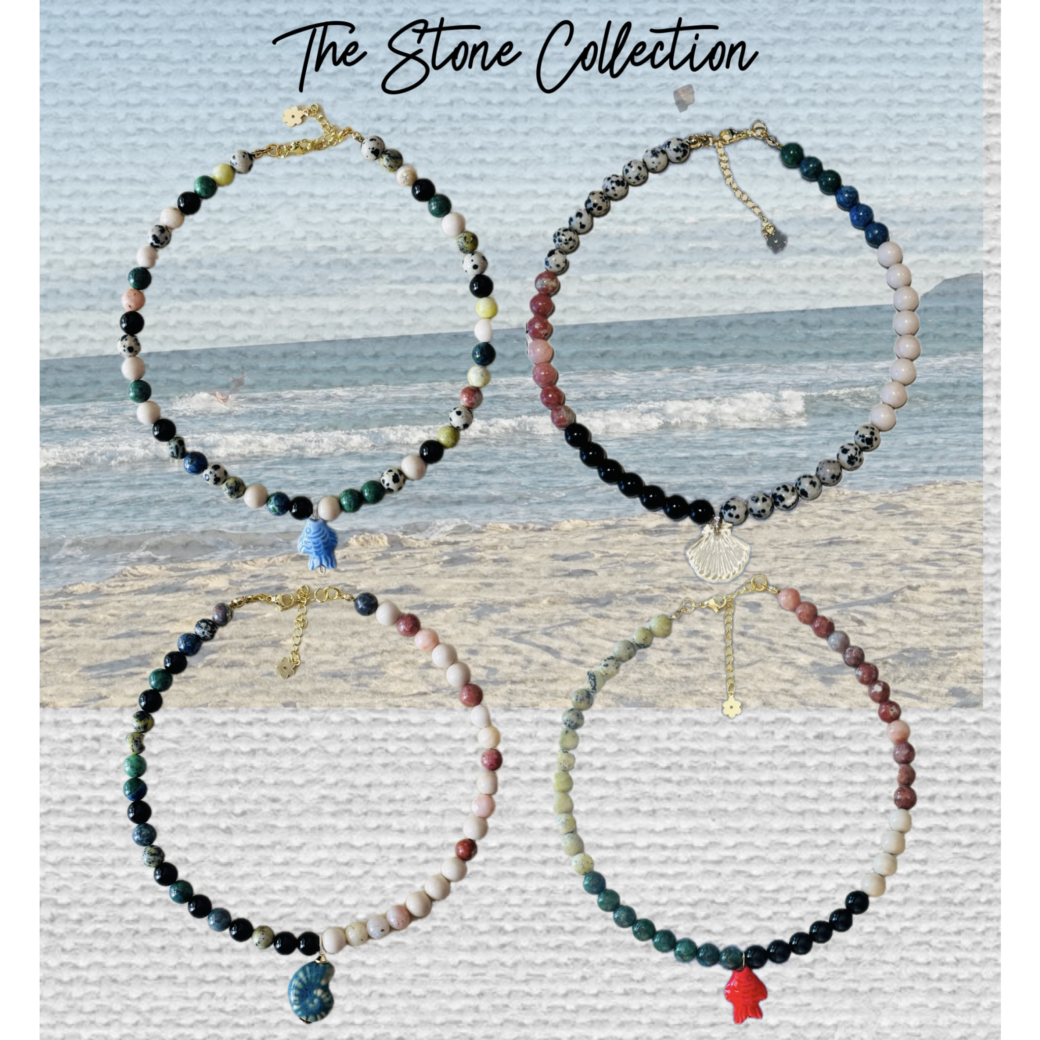 Set of beaded necklaces with charms on a textured surface with 'The Stone Collection' text.