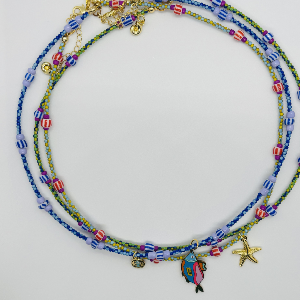 Three handcrafted beaded necklace with starfish and fish charm